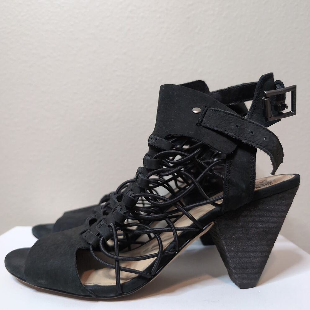 Vince Camuto Black Strappy Suede Block Heel Sandals